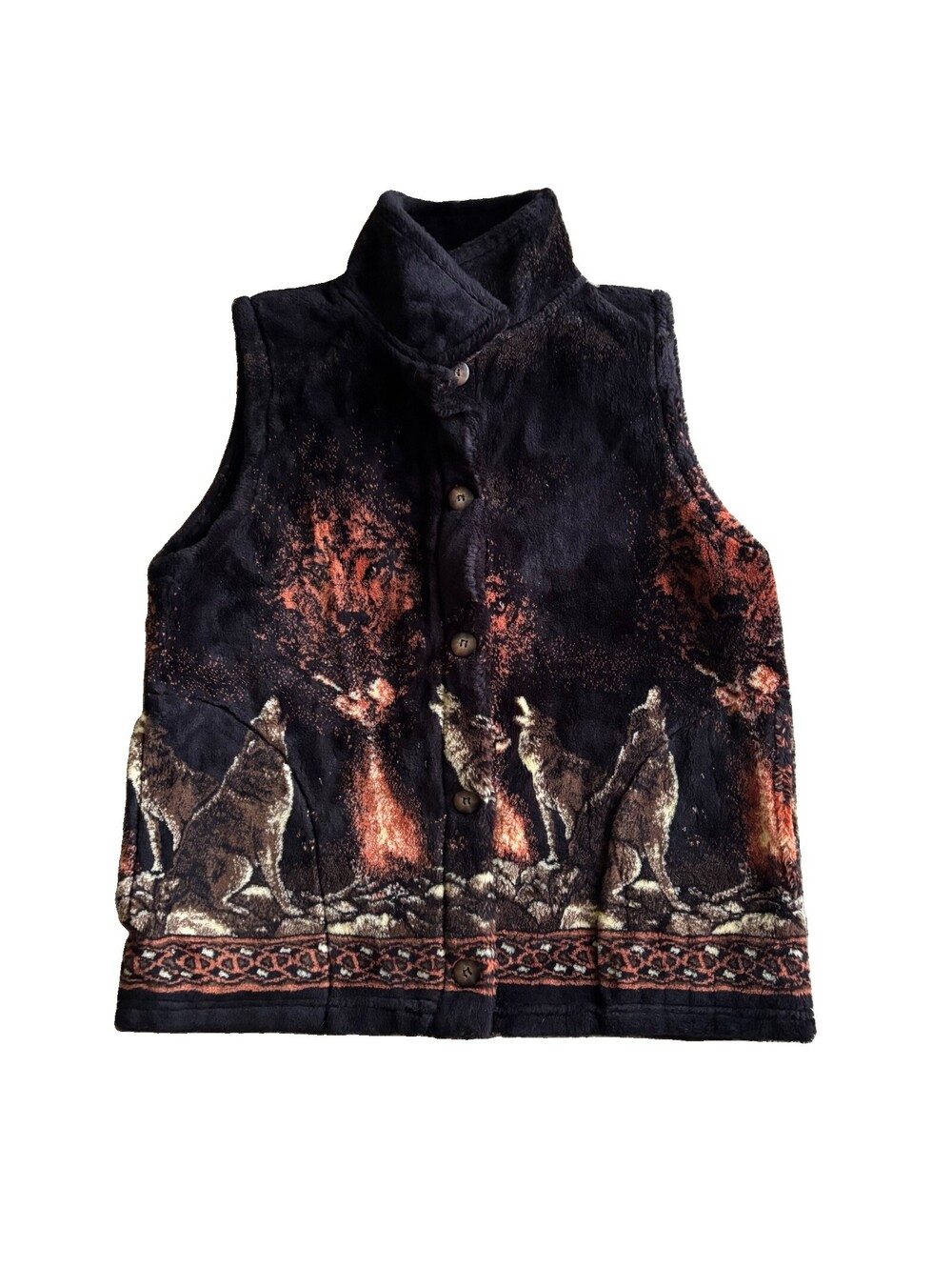Vintage Mazmania Wolf Fleece Vest Mens L Wolf All Over Print Full Zip USA Made